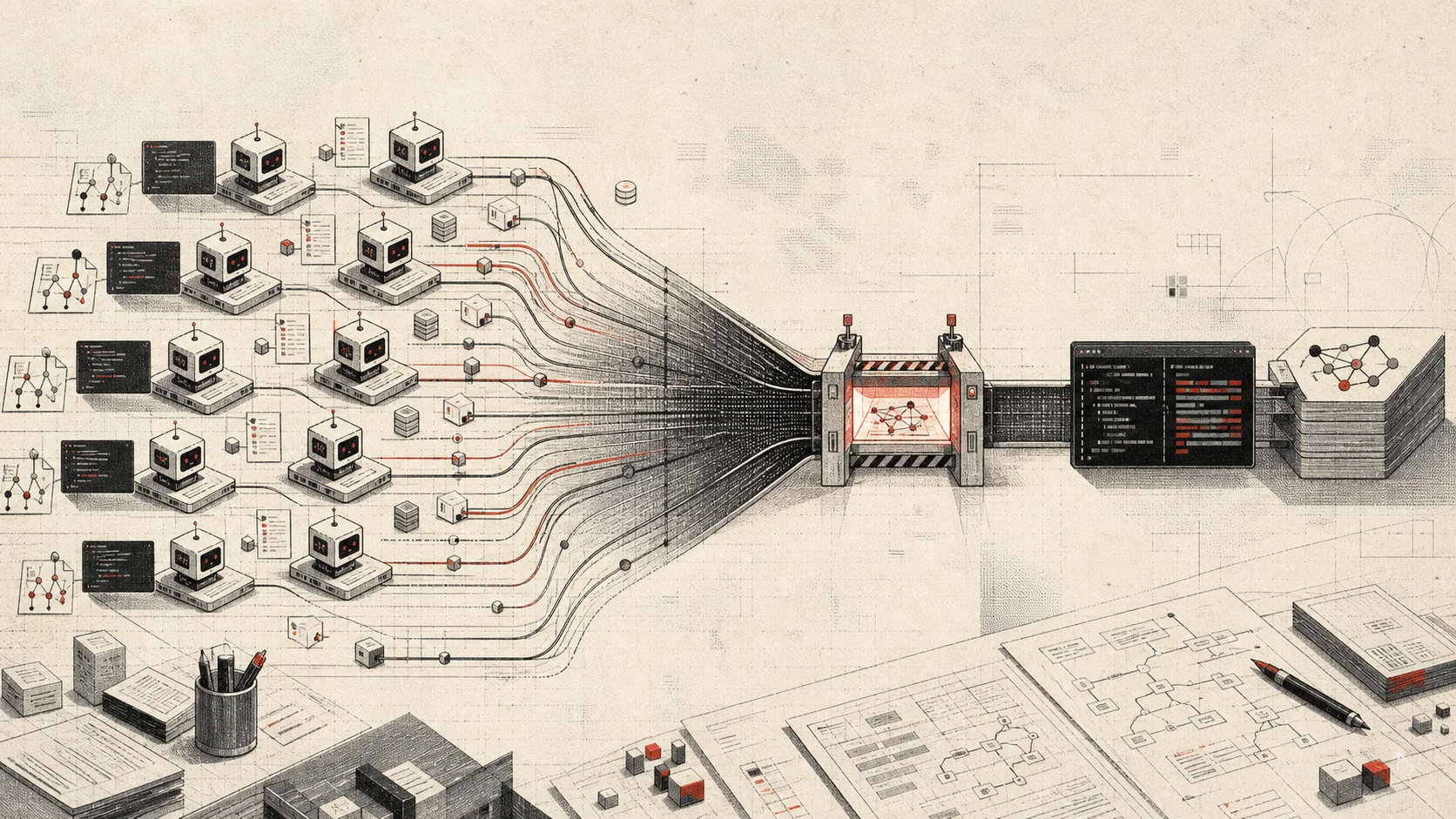 A newspaper-style technical illustration of many small AI agent machines feeding parallel work streams into one narrow review gate.