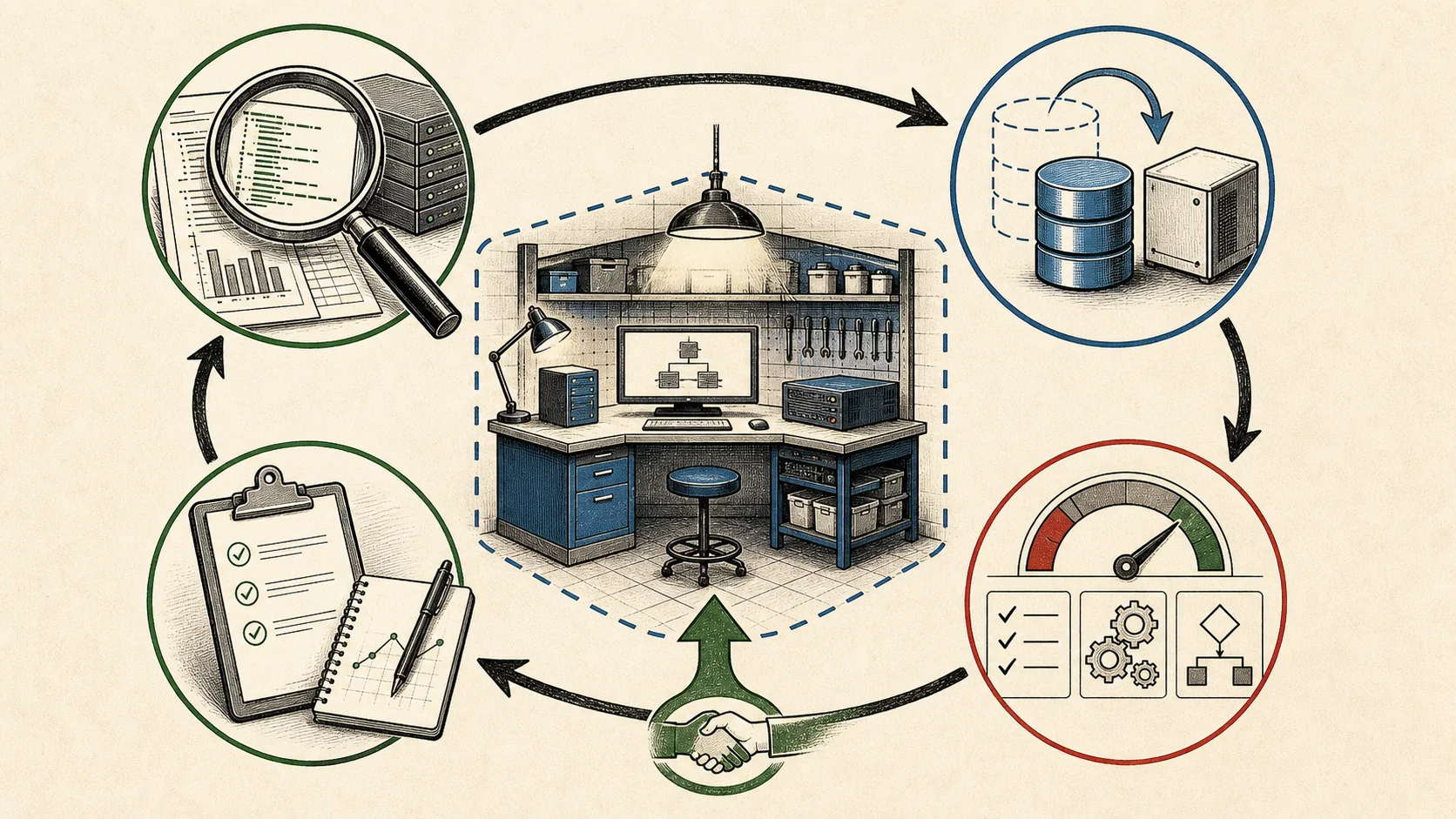 Editorial illustration of a support loop around a managed Archibus workspace, with visual symbols for inspection, safe reproduction, health checks, decision-making, and recorded evidence.