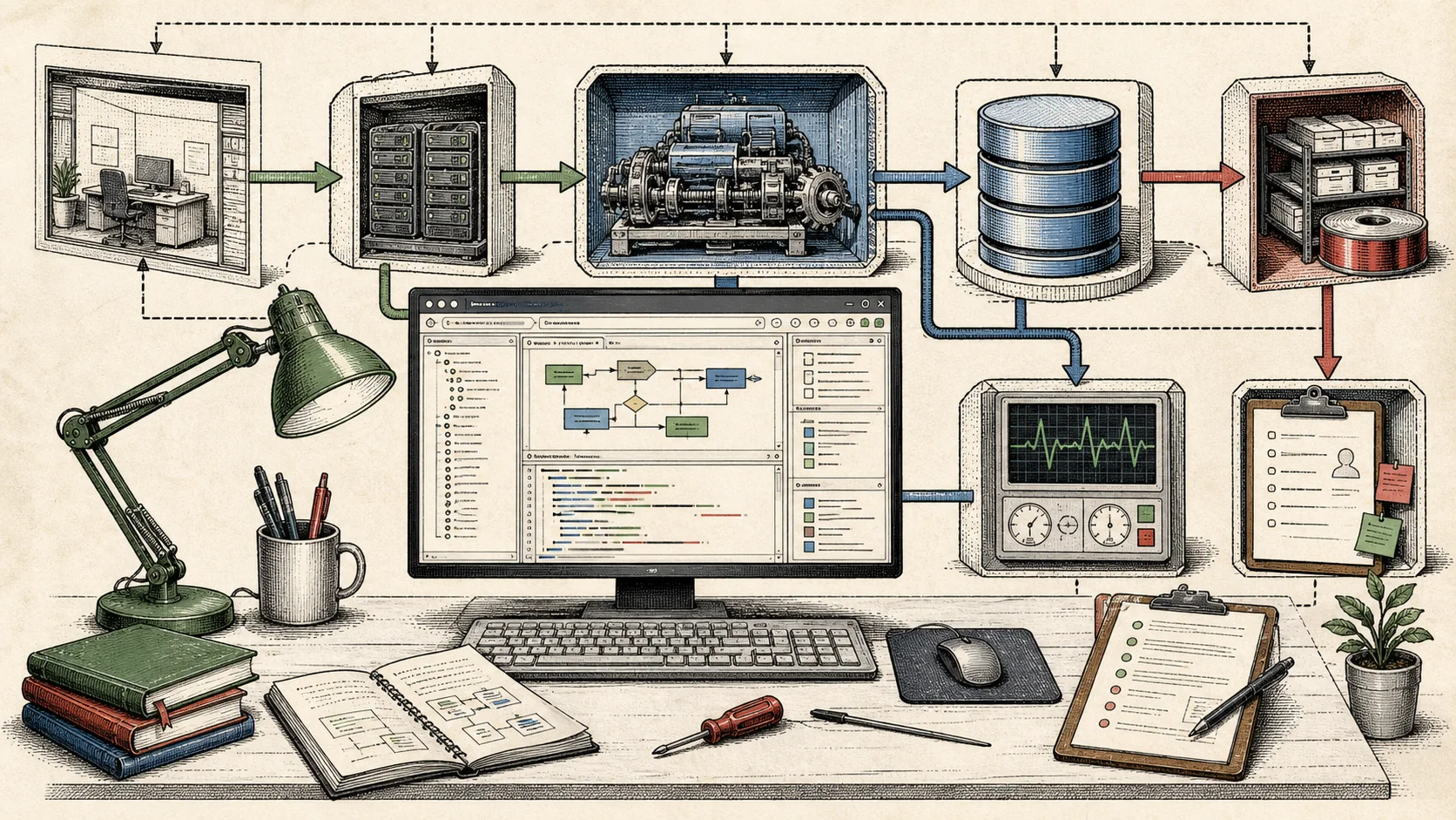 Editorial cutaway illustration of a managed Archibus workspace lab with an IDE, WebCentral runtime, database, backup archive, health monitor, and support notes connected on one bench.