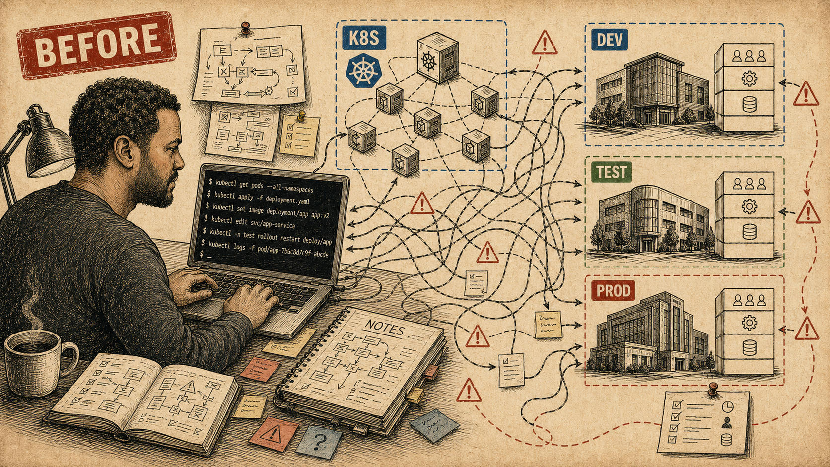 A newspaper-style technical illustration of one operator using a laptop terminal to drive multiple Kubernetes environments through tangled command paths.