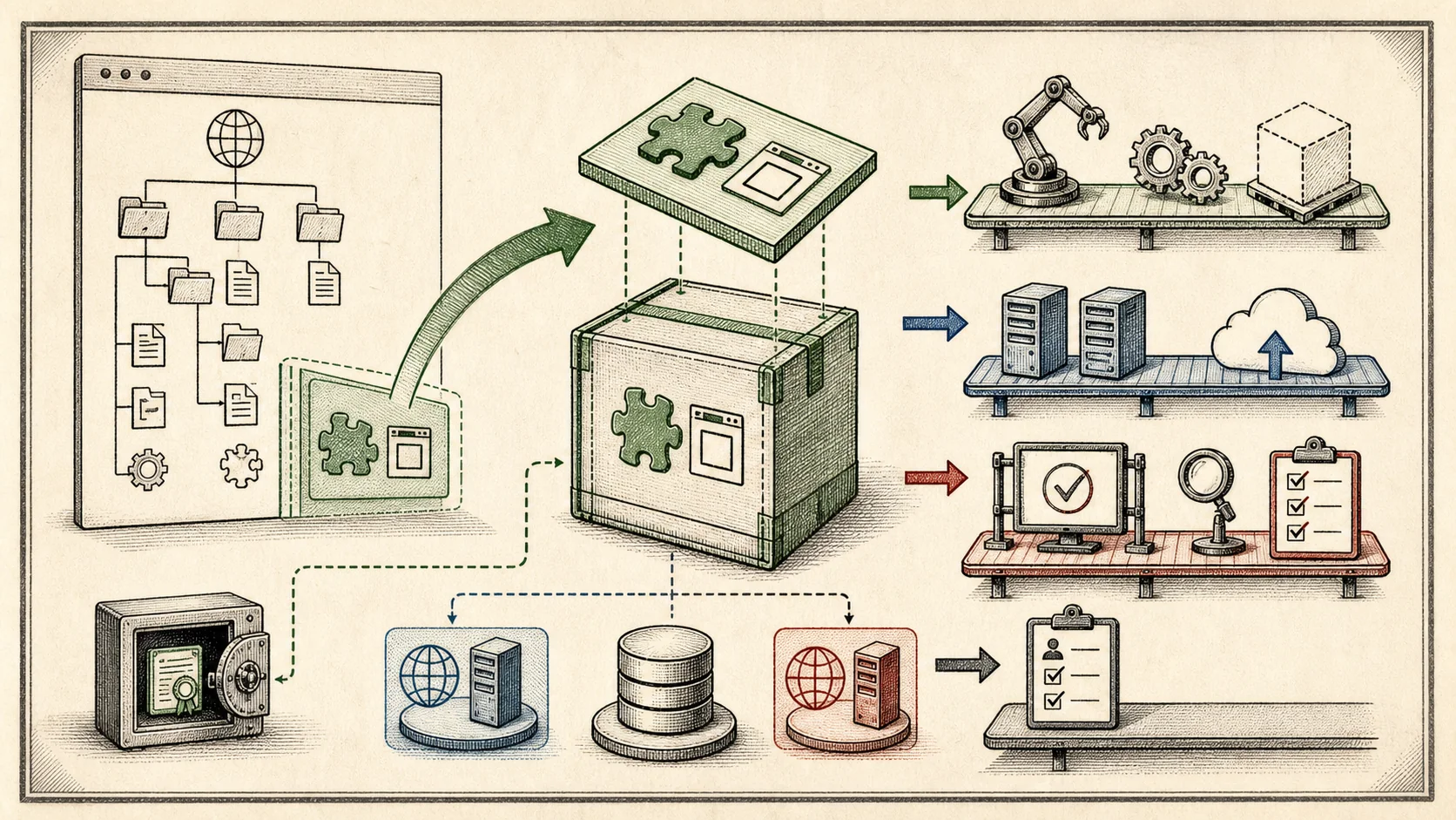 Editorial illustration of a WebCentral product overlay being lifted into a standalone package with surrounding symbols for dual runtimes, database deployment, release packaging, license handling, QA, and support.